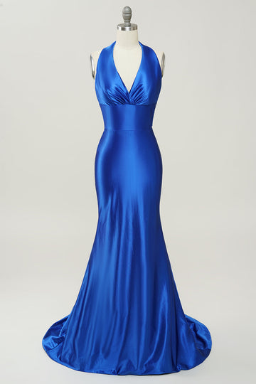 Royal Blue Halter Blonder Up Backless Prom kjole